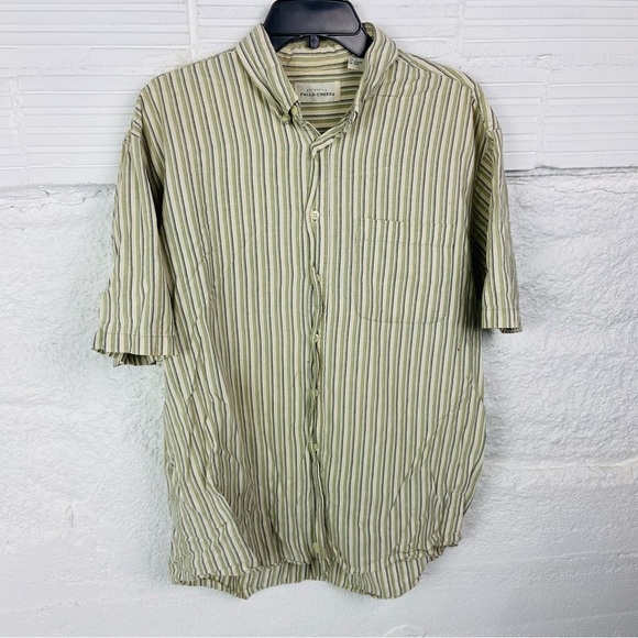 Falls Creek Other - Falls Creek vintage Beige & green Striped cotton Button-Down short sleeve Shirt
